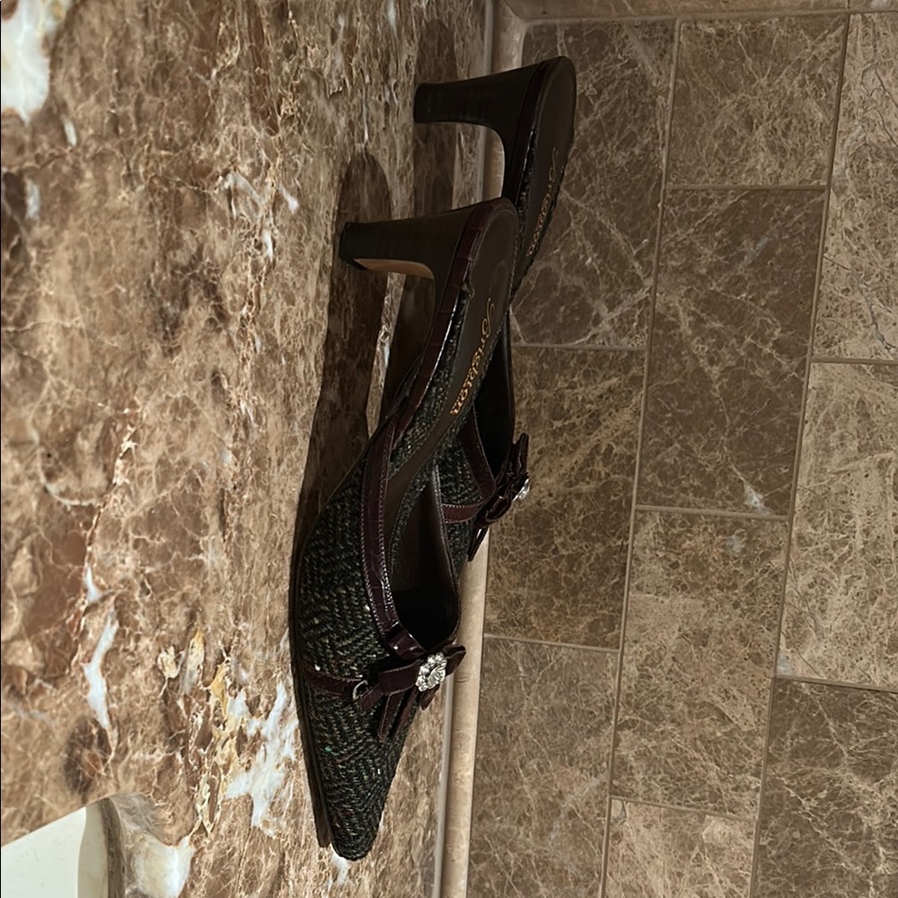 Brighton Black and Brown Tweed Heels with Jewel Bow